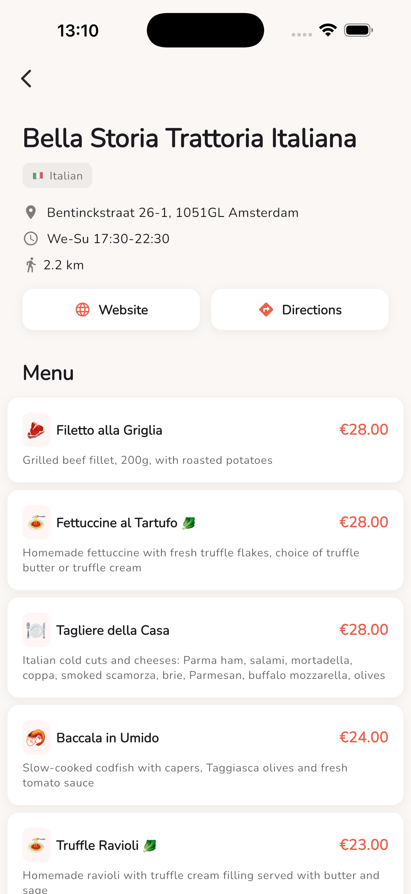 Full restaurant menu